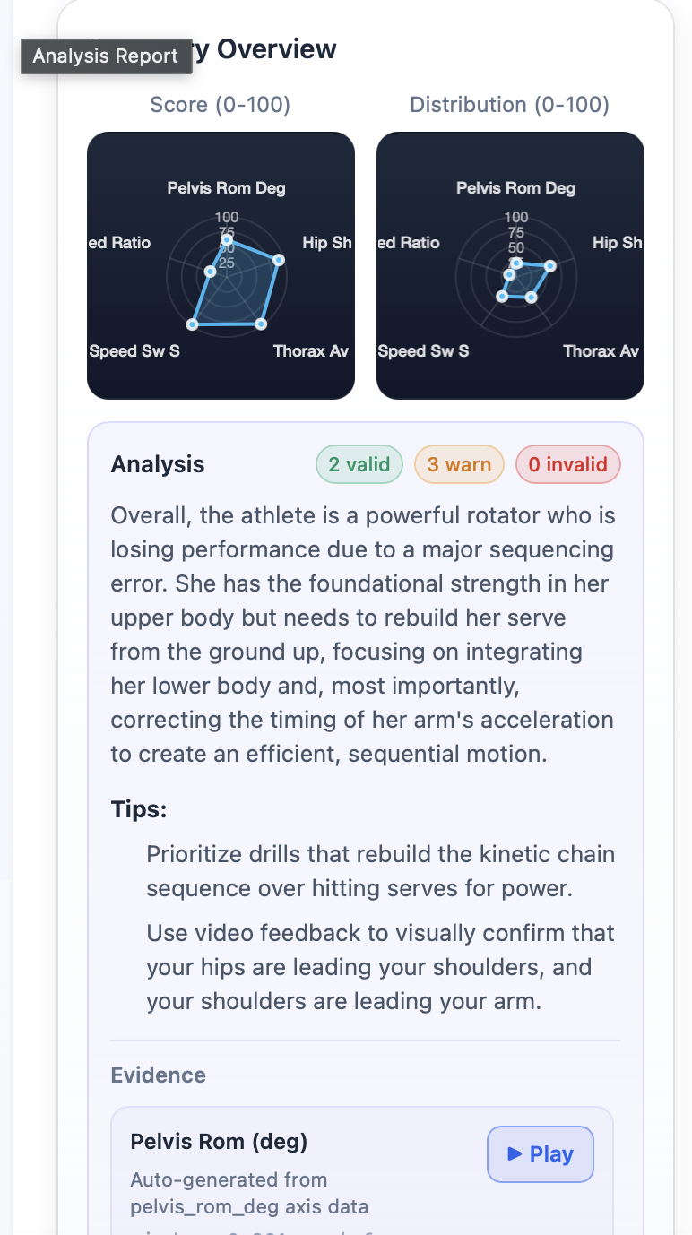 Radar overview with analysis summary, tips, and evidence